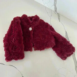 Blueberi Boulevard wine red Faux Fur Cropped jacket cardigan girls 24 months
